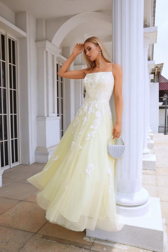 Ladies Spaghetti Strap V Neck Tulle Lace Floor Length Bridesmaid Evening Dress Prom Wedding Sea28112