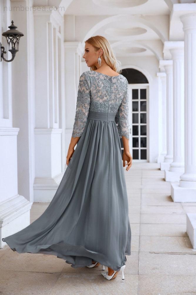 Ladies Round Neck Long Sleeve Lace Chiffon Bridesmaid Evening Dress Prom Wedding Sea28114