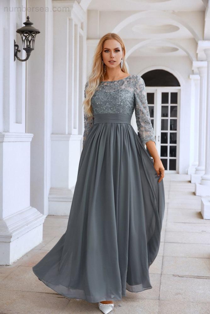 Ladies Round Neck Long Sleeve Lace Chiffon Bridesmaid Evening Dress Prom Wedding Sea28114
