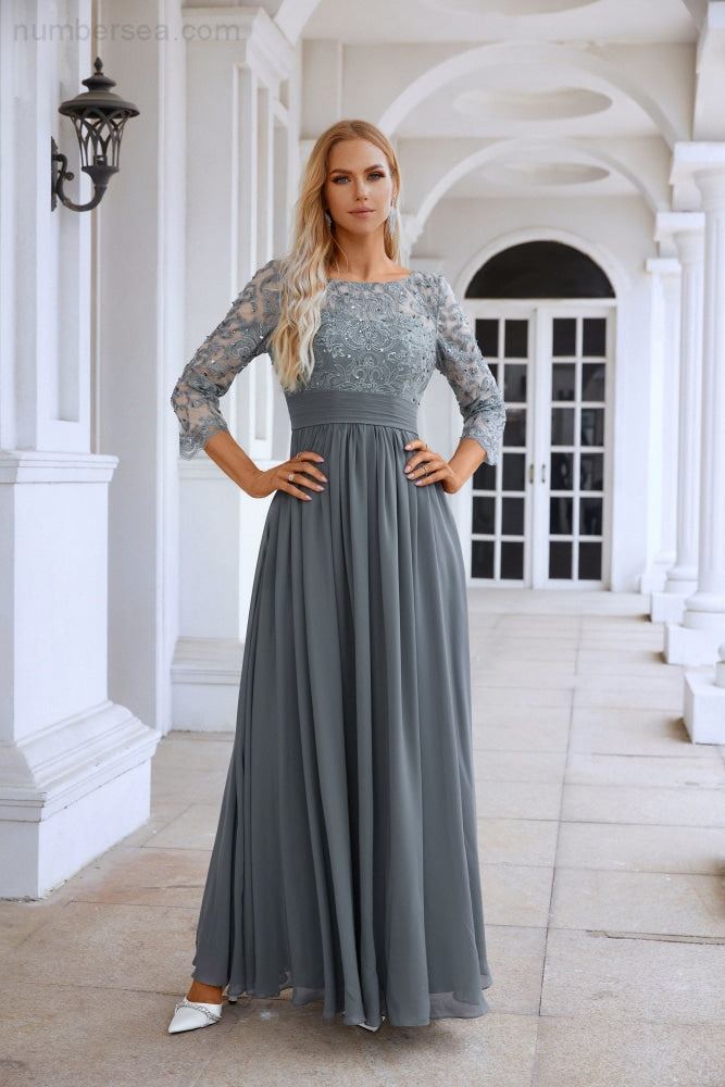 Ladies Round Neck Long Sleeve Lace Chiffon Bridesmaid Evening Dress Prom Wedding Sea28114