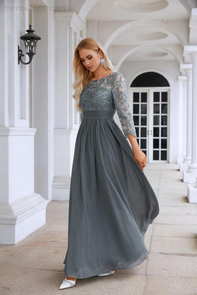 Ladies Round Neck Long Sleeve Lace Chiffon Bridesmaid Evening Dress Prom Wedding Sea28114