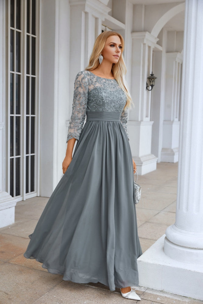 Ladies Round Neck Long Sleeve Lace Chiffon Bridesmaid Evening Dress Prom Wedding Sea28114 38Crow