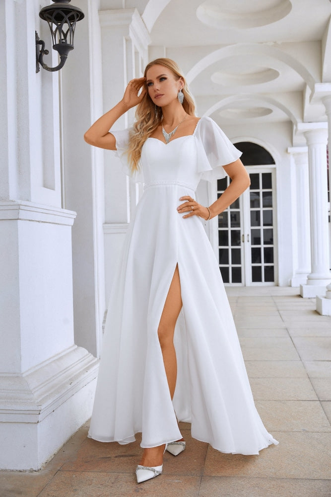 Ladies Chiffon Ruffle Sleeve Front Slit Bridesmaid Evening Dress Prom Wedding Party Evening Dress 28115-numbersea