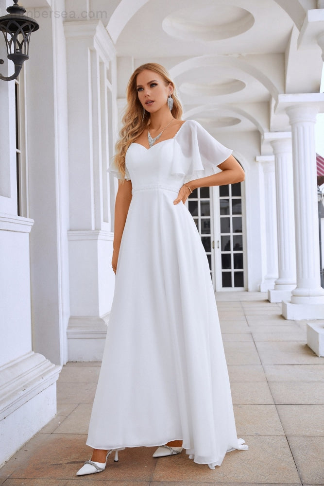 Ladies Chiffon Ruffle Sleeve Front Slit Bridesmaid Evening Dress Prom Wedding Party Evening Dress 28115-numbersea
