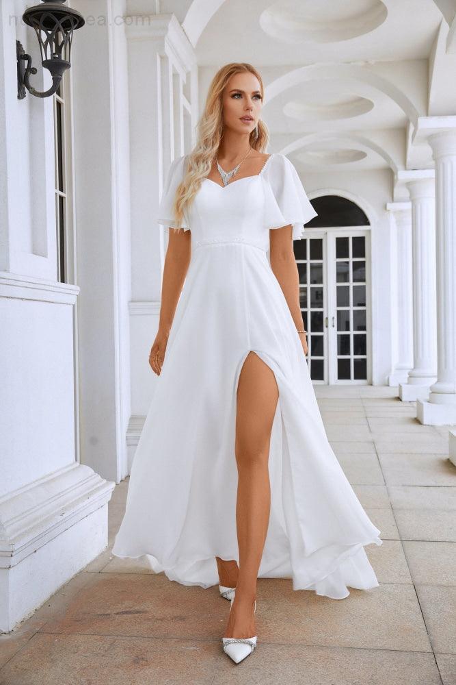 Ladies Chiffon Ruffle Sleeve Front Slit Bridesmaid Evening Dress Prom Wedding Party Evening Dress 28115-numbersea