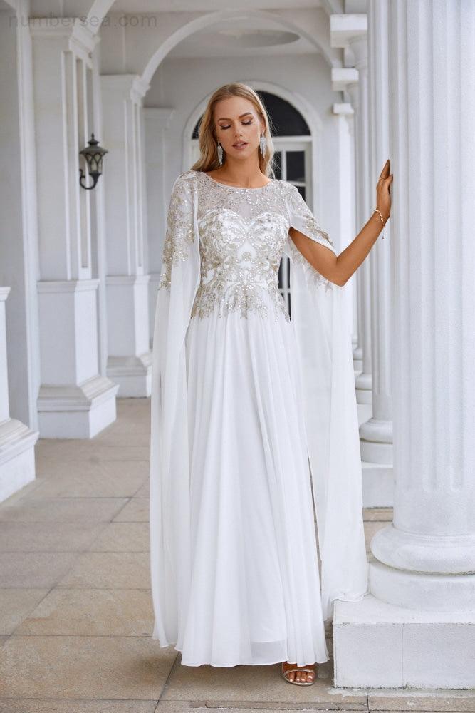 Ladies Chiffon Embroidery Wide Sleeve Floor Length Bridesmaid Evening Dress Prom Wedding Party