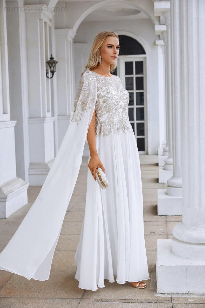 Ladies Chiffon Embroidery Wide Sleeve Floor Length Bridesmaid Evening Dress Prom Wedding Party