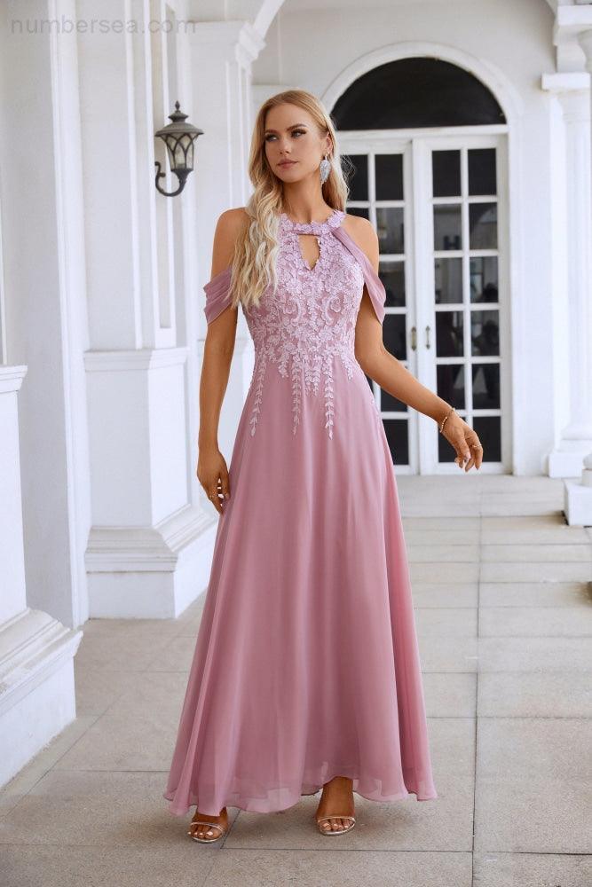 Ladies Chiffon Embroidery Flying Sleeves Mopping Long Bridesmaid Evening Dress Prom Wedding Party Evening Dress 28119-numbersea