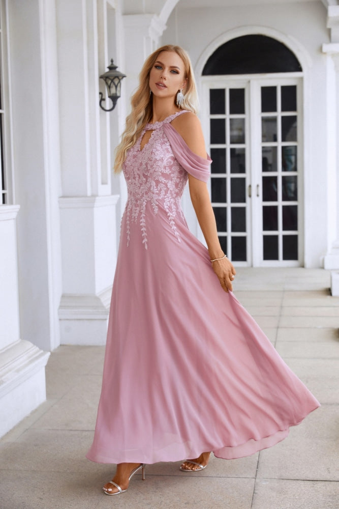 Ladies Chiffon Embroidery Flying Sleeves Mopping Long Bridesmaid Evening Dress Prom Wedding Party Evening Dress 28119-numbersea