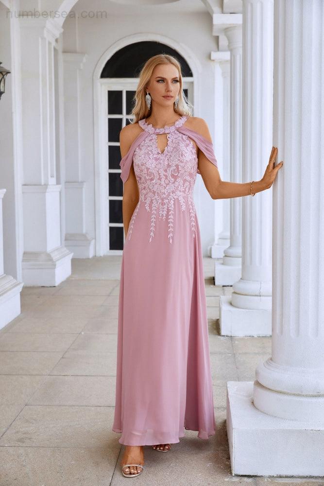 Ladies Chiffon Embroidery Flying Sleeves Mopping Long Bridesmaid Evening Dress Prom Wedding Party Evening Dress 28119-numbersea