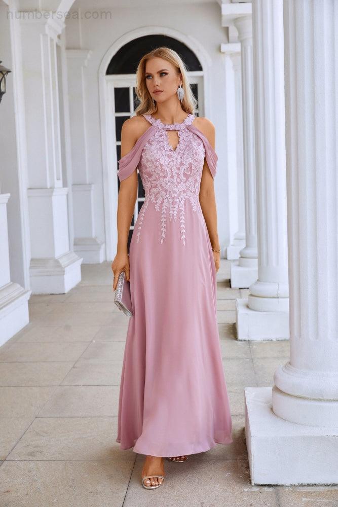 Ladies Chiffon Embroidery Flying Sleeves Mopping Long Bridesmaid Evening Dress Prom Wedding Party Evening Dress 28119-numbersea
