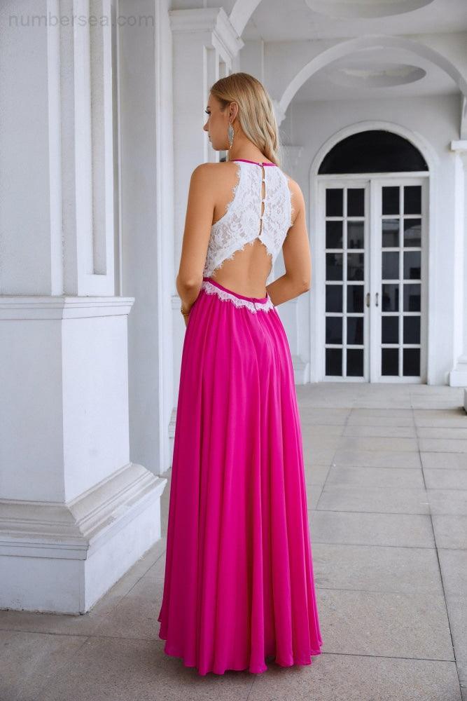 Women's Halter Neck Sleeveless Chiffon Lace Bridesmaid Evening Dress Wedding Prom Party Evening Dress 28120-numbersea