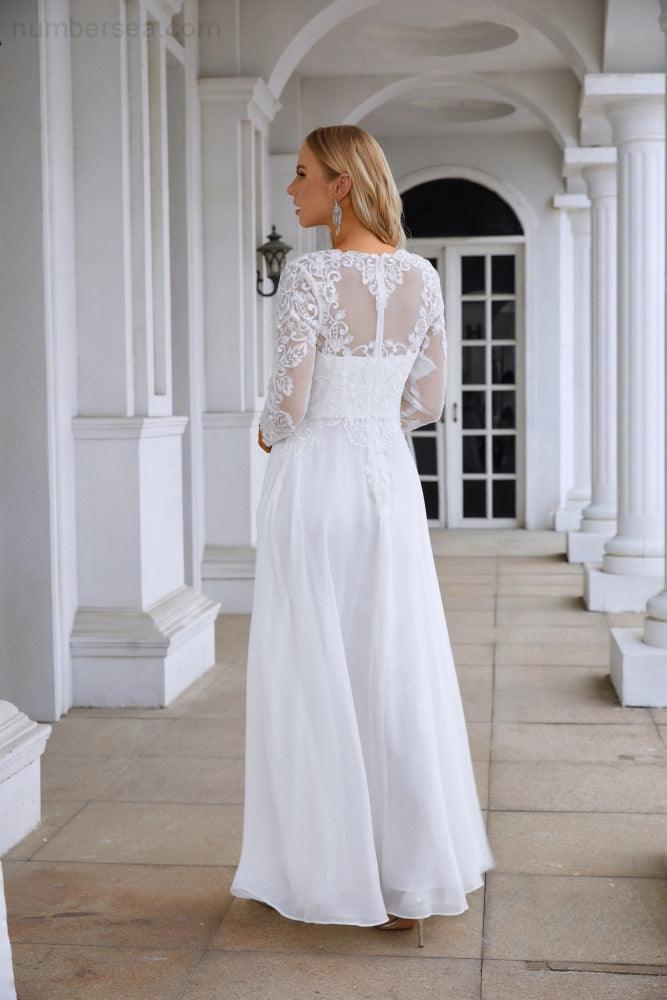 Ladies Round Neck Long Sleeve Front Slit Chiffon Lace Floor Length Bridesmaid Evening Dress Wedding Prom Party Evening Dress 28122-numbersea