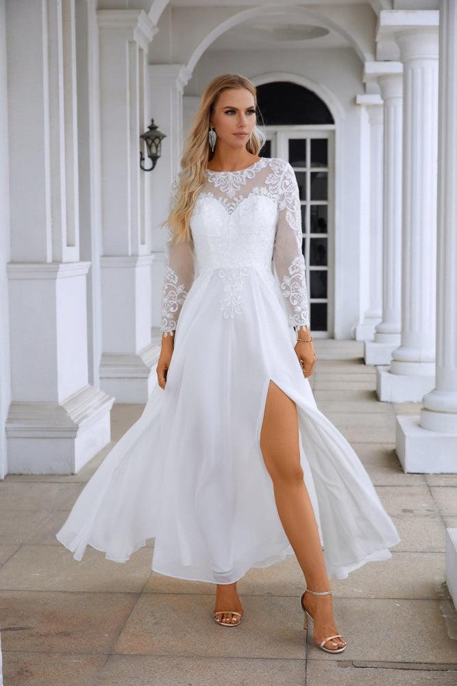 Ladies Round Neck Long Sleeve Front Slit Chiffon Lace Floor Length Bridesmaid Evening Dress Wedding Prom Party Evening Dress 28122-numbersea