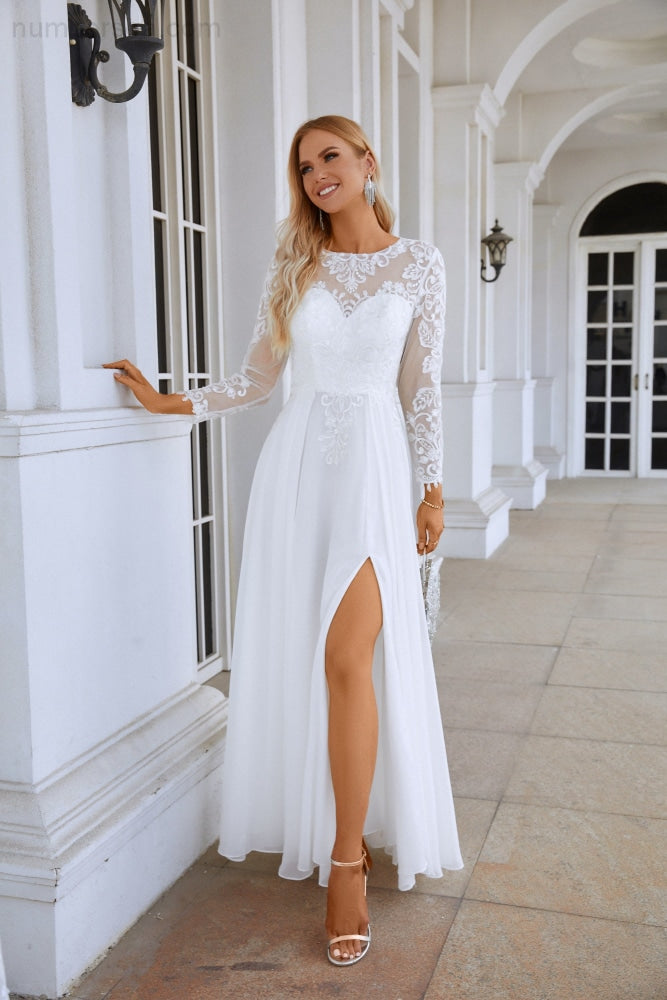 Ladies Round Neck Long Sleeve Front Slit Chiffon Lace Floor Length Bridesmaid Evening Dress Wedding Prom Party Evening Dress 28122-numbersea