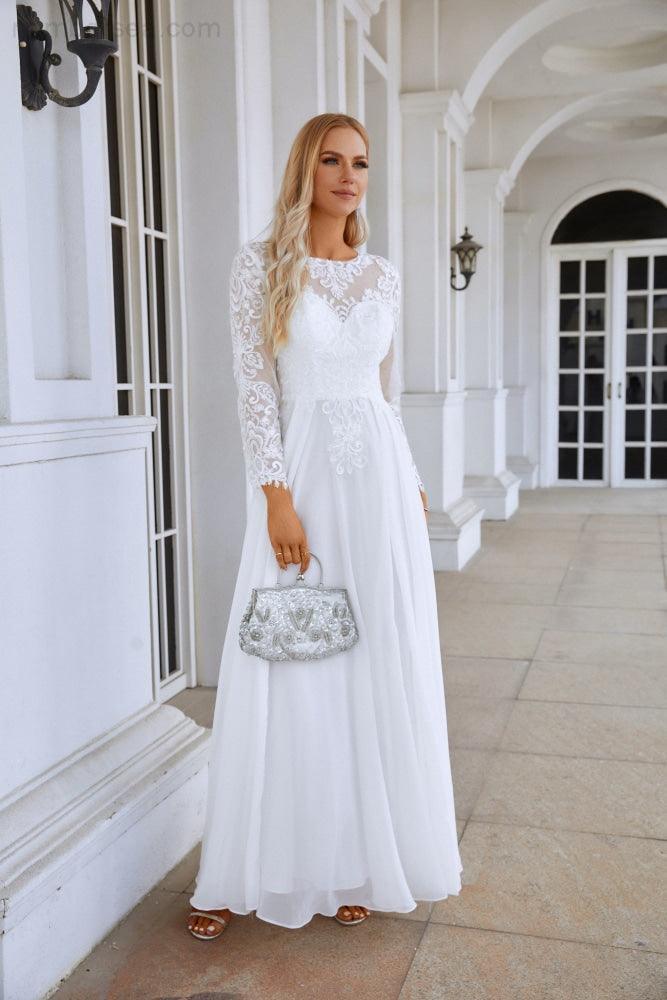 Ladies Round Neck Long Sleeve Front Slit Chiffon Lace Floor Length Bridesmaid Evening Dress Wedding Prom Party Evening Dress 28122-numbersea