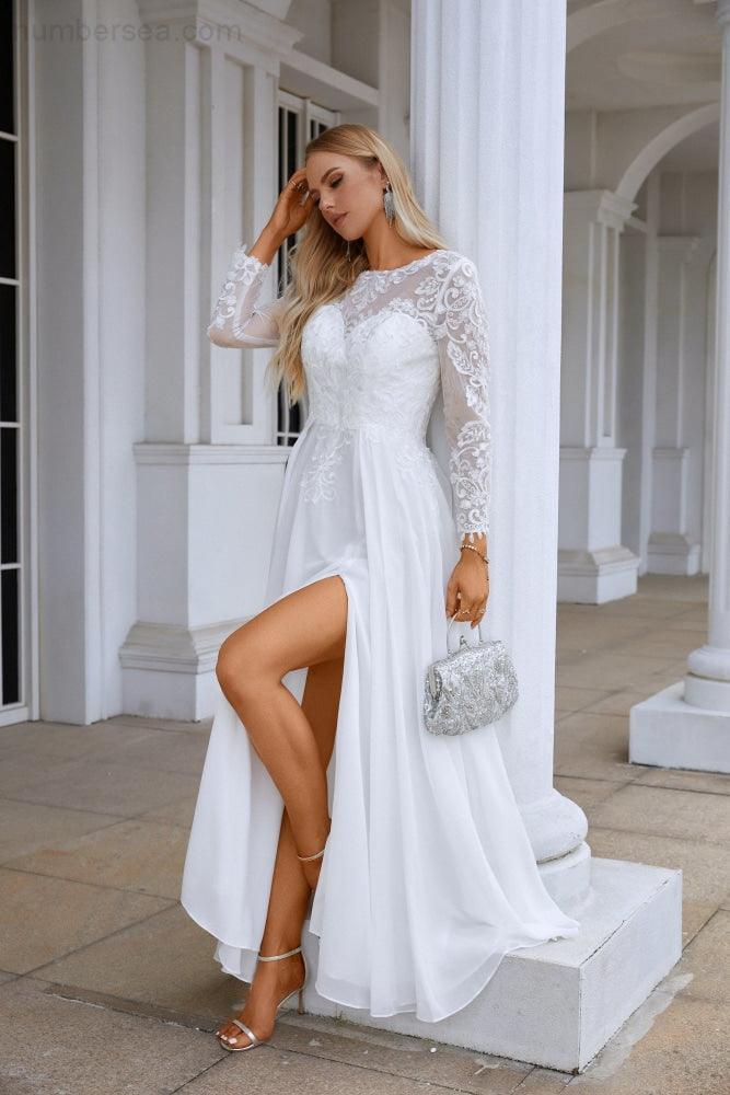 Ladies Round Neck Long Sleeve Front Slit Chiffon Lace Floor Length Bridesmaid Evening Dress Wedding Prom Party Evening Dress 28122-numbersea