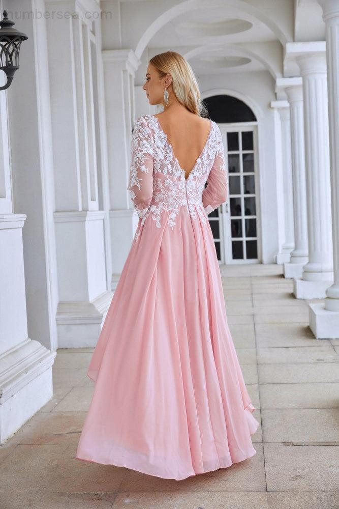 Ladies Round Neck Long Sleeve Chiffon Lace Short Front Short Back Length Length Bridesmaid Evening Dress Wedding Evening Dress 28123-numbersea