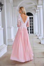 Ladies Round Neck Long Sleeve Chiffon Lace Short Front Short Back Length Length Bridesmaid Evening Dress Wedding Evening Dress 28123-numbersea