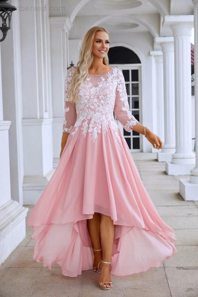 Ladies Round Neck Long Sleeve Chiffon Lace Short Front Short Back Length Length Bridesmaid Evening Dress Wedding Evening Dress 28123-numbersea