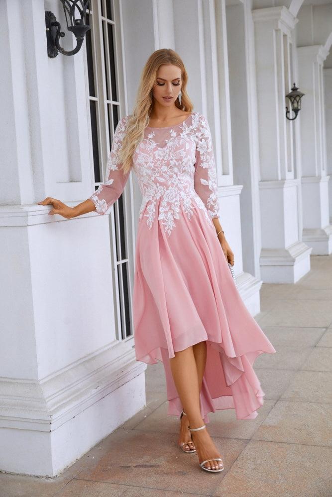 Ladies Round Neck Long Sleeve Chiffon Lace Short Front Short Back Length Length Bridesmaid Evening Dress Wedding Evening Dress 28123-numbersea