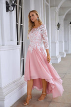 Ladies Round Neck Long Sleeve Chiffon Lace Short Front Short Back Length Length Bridesmaid Evening Dress Wedding Evening Dress 28123-numbersea