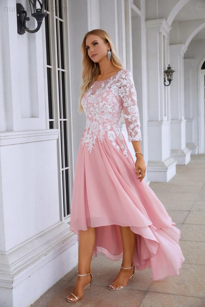 Ladies Round Neck Long Sleeve Chiffon Lace Short Front Short Back Length Length Bridesmaid Evening Dress Wedding Evening Dress 28123-numbersea