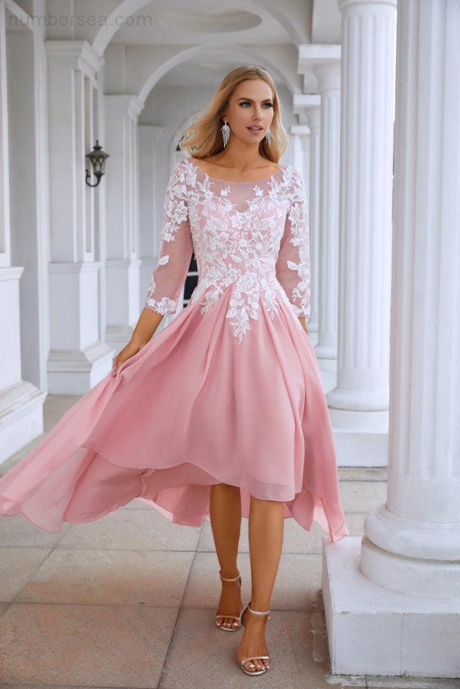 Ladies Round Neck Long Sleeve Chiffon Lace Short Front Short Back Length Length Bridesmaid Evening Dress Wedding Evening Dress 28123-numbersea