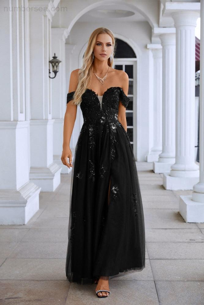 Ladies Chiffon V Neck Hanging Sleeves Tulle Embroidery Floor Length Bridesmaid Evening Dress Prom Party Wedding Evening Dress 28127-numbersea