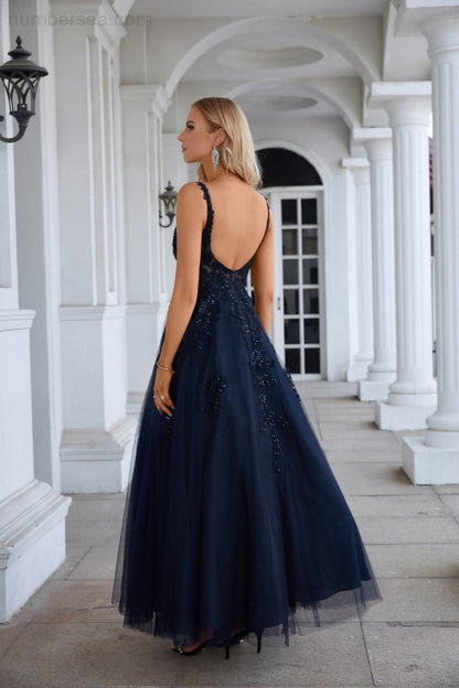 Women's Chiffon V Neck Tulle Embroidery Floor Mop Bridesmaid Evening Dress Prom Wedding Party Evening Dress 28128-numbersea