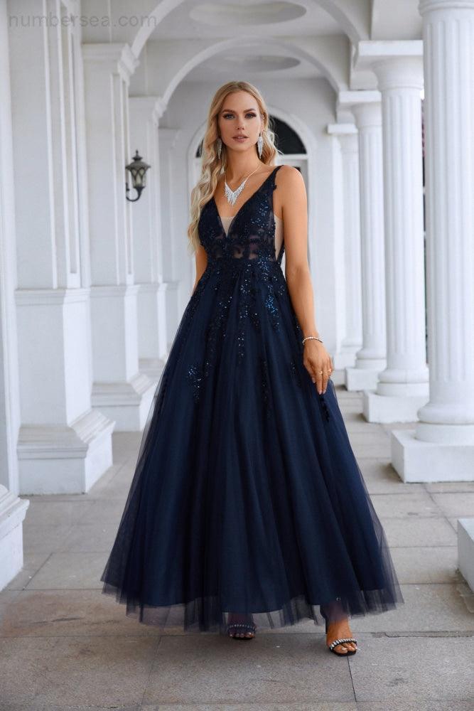 Women's Chiffon V Neck Tulle Embroidery Floor Mop Bridesmaid Evening Dress Prom Wedding Party Evening Dress 28128-numbersea