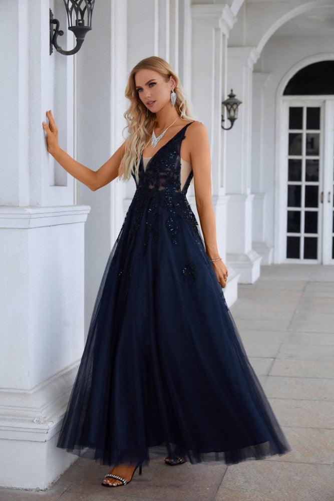 Women's Chiffon V Neck Tulle Embroidery Floor Mop Bridesmaid Evening Dress Prom Wedding Party Evening Dress 28128-numbersea