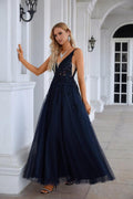 Women's Chiffon V Neck Tulle Embroidery Floor Mop Bridesmaid Evening Dress Prom Wedding Party Evening Dress 28128-numbersea