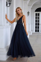 Women's Chiffon V Neck Tulle Embroidery Floor Mop Bridesmaid Evening Dress Prom Wedding Party Evening Dress 28128-numbersea