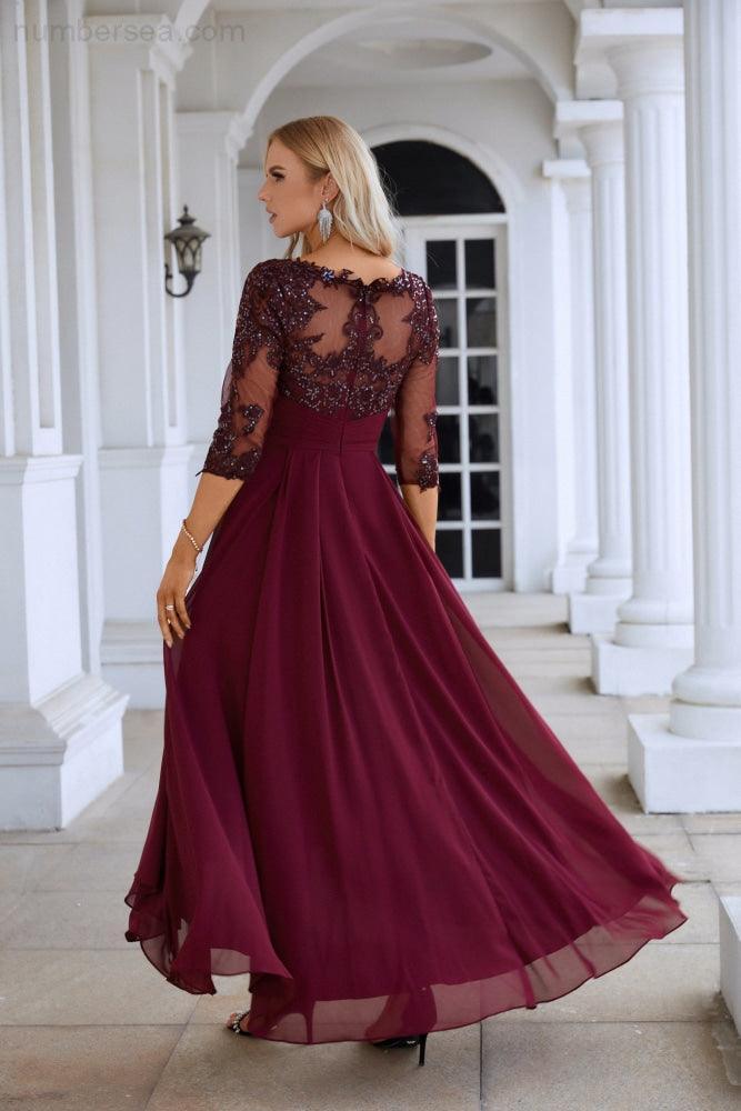 Womens Chiffon V Neck Tulle Embroidered Sequins Bridesmaid Evening Gown Prom Wedding Party Dress
