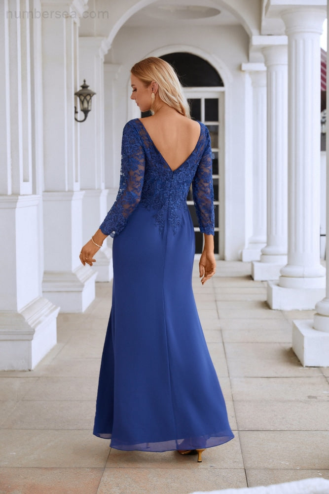 Women's Chiffon V Neck Embroidery Long Sleeve Front Slit Bridesmaid Dresses Wedding Party Prom Evening Dress 28130-numbersea
