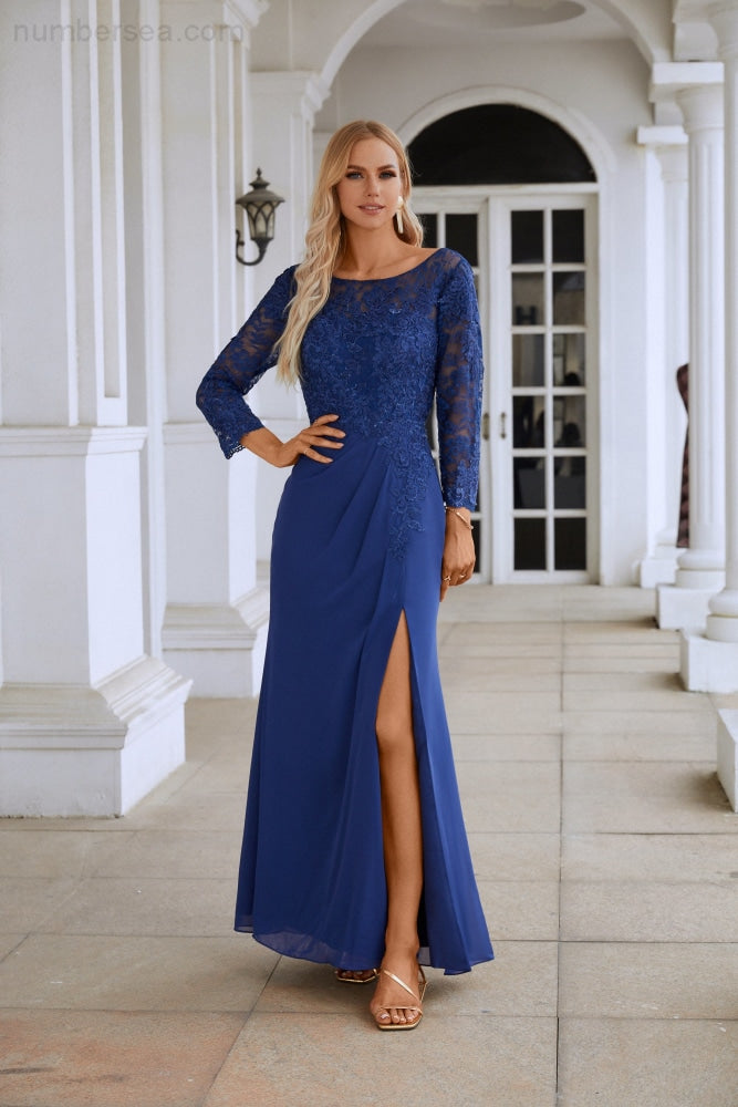 Women's Chiffon V Neck Embroidery Long Sleeve Front Slit Bridesmaid Dresses Wedding Party Prom Evening Dress 28130-numbersea