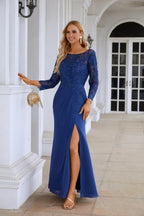 Women's Chiffon V Neck Embroidery Long Sleeve Front Slit Bridesmaid Dresses Wedding Party Prom Evening Dress 28130-numbersea