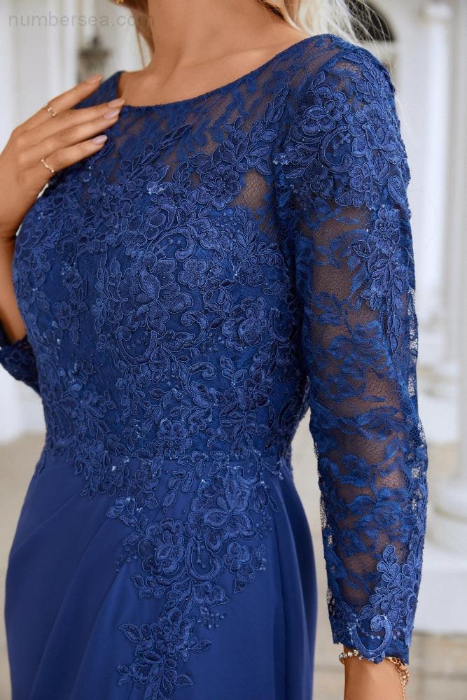 Women's Chiffon V Neck Embroidery Long Sleeve Front Slit Bridesmaid Dresses Wedding Party Prom Evening Dress 28130-numbersea