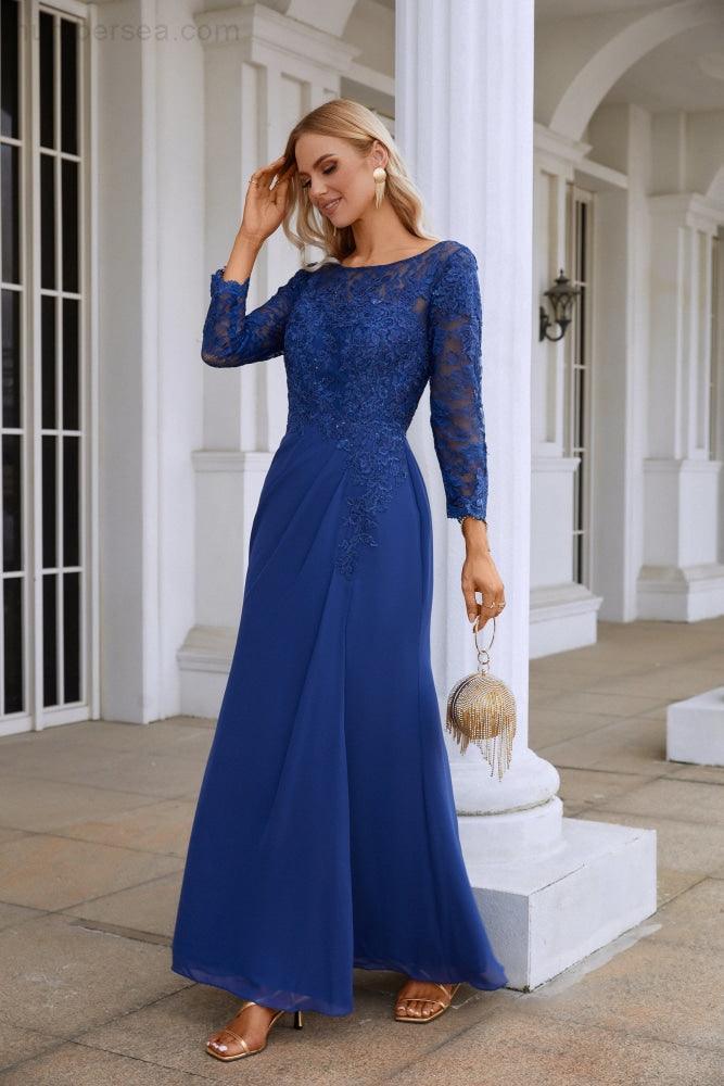 Women's Chiffon V Neck Embroidery Long Sleeve Front Slit Bridesmaid Dresses Wedding Party Prom Evening Dress 28130-numbersea