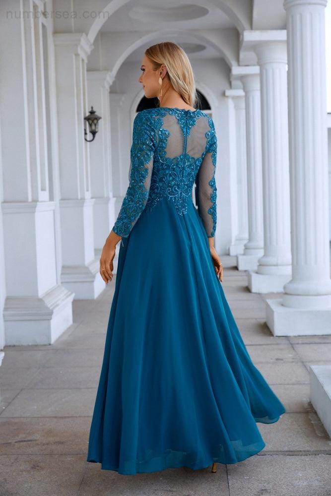 Chiffon Lace Long Sleeve Round Neck Bridesmaid Evening Dress Wedding Party Prom Sea28132