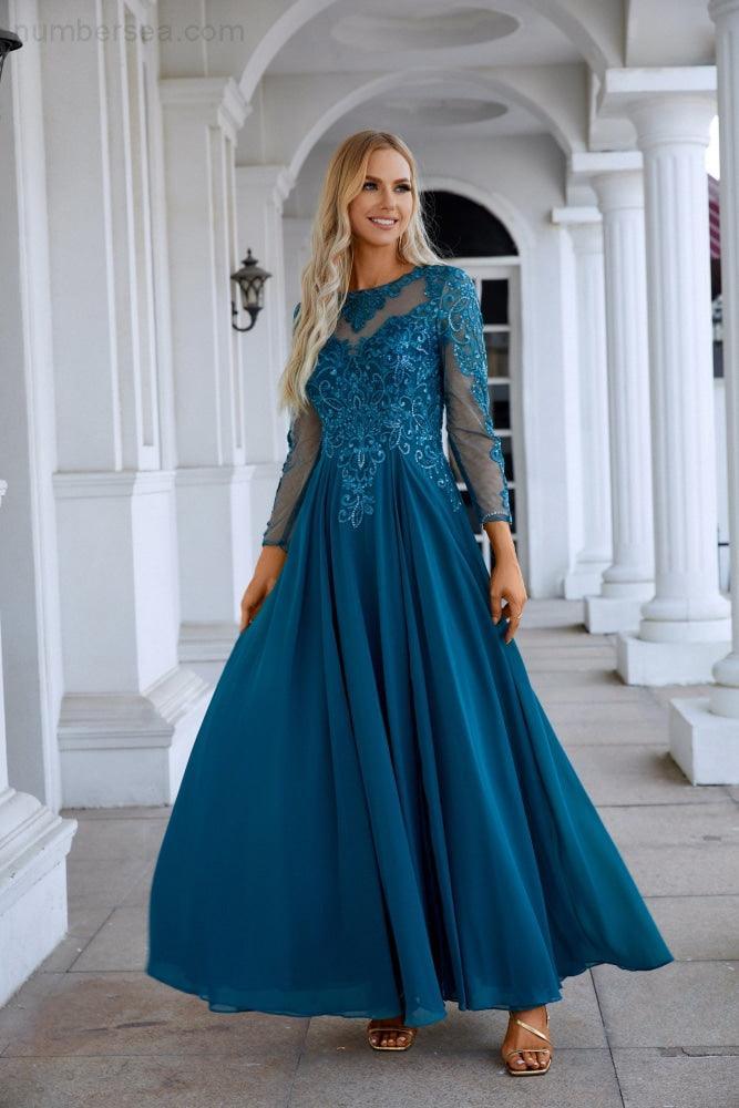 Chiffon Lace Long Sleeve Round Neck Bridesmaid Evening Dress Wedding Party Prom Sea28132