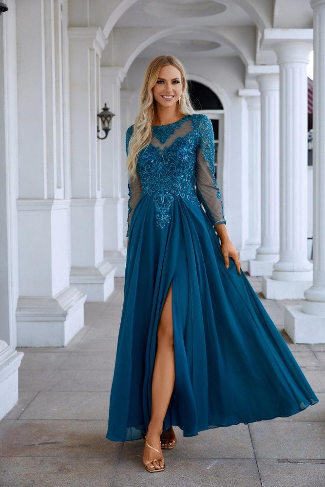 Chiffon Lace Long Sleeve Round Neck Bridesmaid Evening Dress Wedding Party Prom Sea28132 32Tiffany