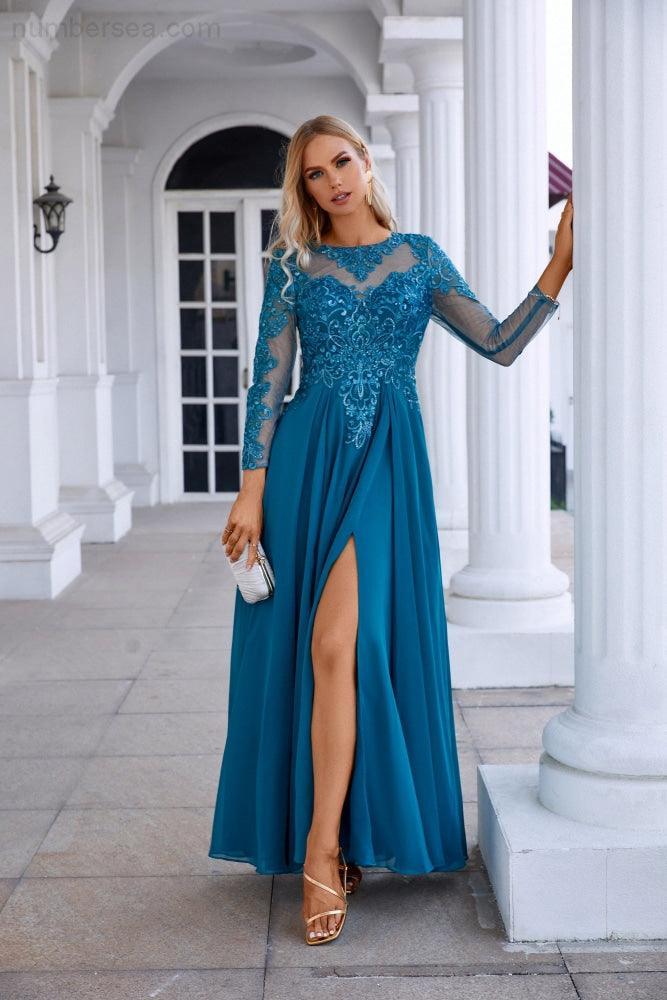 Chiffon Lace Long Sleeve Round Neck Bridesmaid Evening Dress Wedding Party Prom Sea28132