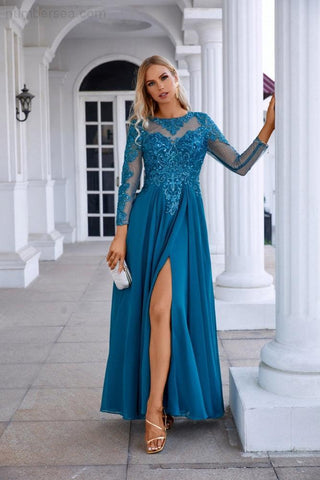 Chiffon Lace Long Sleeve Round Neck Bridesmaid Evening Dress Wedding Party Prom Sea28132