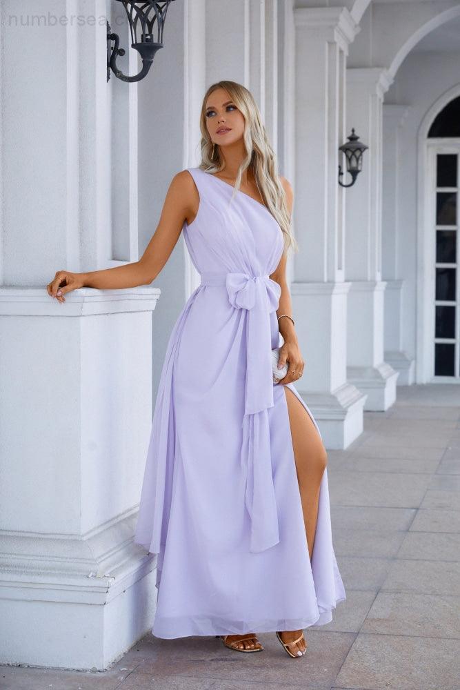 One Shoulder Sleeveless Chiffon Bow Bridesmaid Evening Dress Wedding Prom Party Evening Dress SEA28133-numbersea
