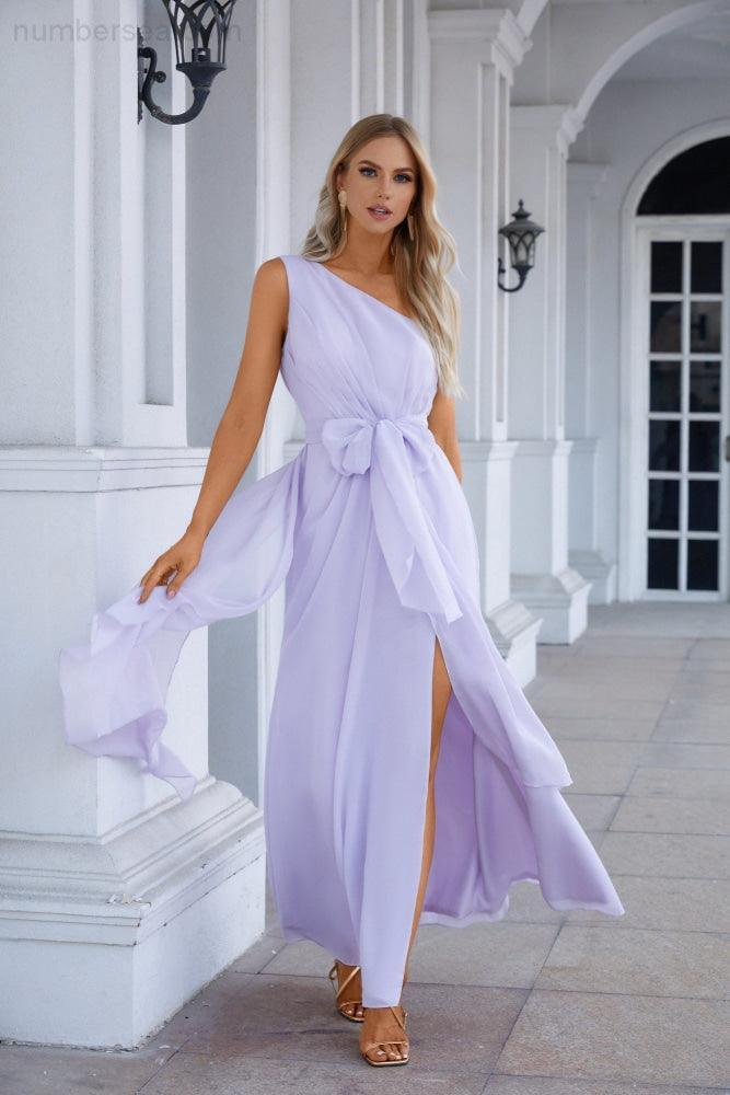 One Shoulder Sleeveless Chiffon Bow Bridesmaid Evening Dress Wedding Prom Party Evening Dress SEA28133-numbersea