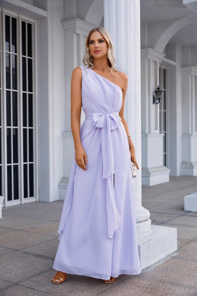 One Shoulder Sleeveless Chiffon Bow Bridesmaid Evening Dress Wedding Prom Party Evening Dress SEA28133-numbersea