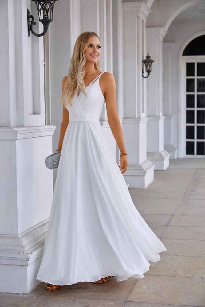 Ladies Spaghetti Strap Belt Chiffon Bridesmaid Evening Dress Prom Wedding Party Sea28134 42White