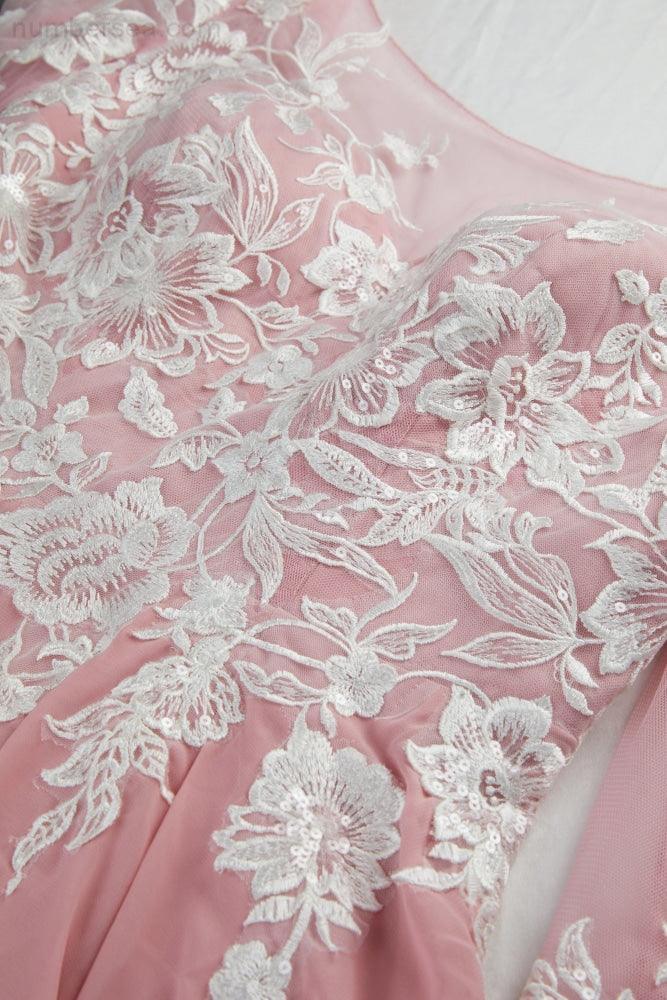 Ladies Round Neck Long Sleeve Chiffon Lace Short Front Short Back Length Length Bridesmaid Evening Dress Wedding Evening Dress 28123-numbersea